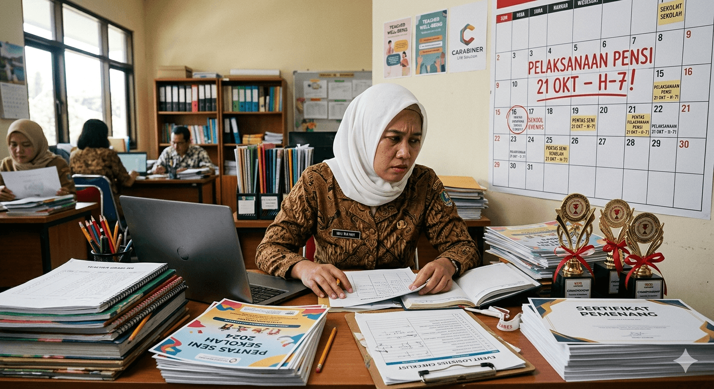 Ilustrasi guru yang sedang stres karena banyak event sekolah